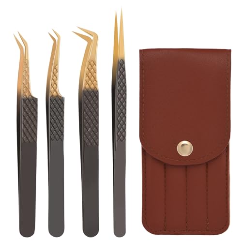 Lash Tweezers for Eyelash Extension, Set of 4 Lash Extension Tweezers with Diamond Grip, High Precision Eyelash Tweezers Set for Volume & Classic Lashes