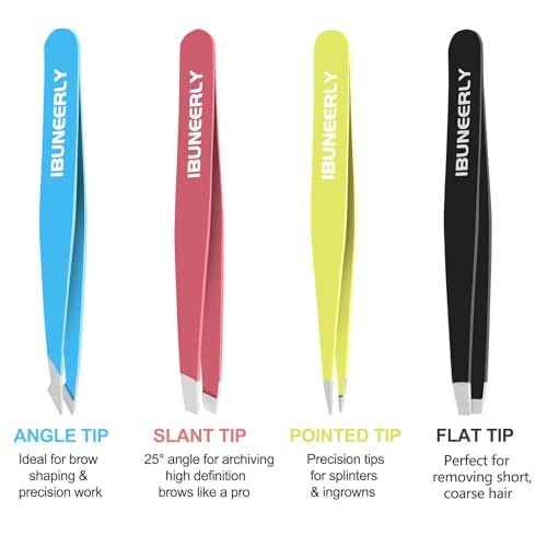 Eyebrows Tweezers Set, 4Pcs Stainless Steel Tweezers for Women with Travel Case, Great Precision for Ingrown Hair, Facial Hair and Splinter Removal