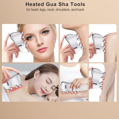 Electric Gua Sha Facial Tools, Heated Gua Sha Tools with 5 LED Lights,Red Light Face Massager Vibration Device, 8 Metal Roller for Face, Back,Leg,and Body