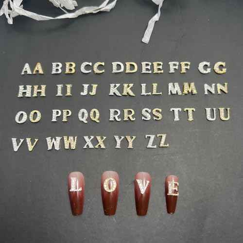 52 Pcs 3D Silver and Gold Nail Charms Letters Initial Charms for Nails Nail Letter Charms Alphabet Rhinestone Letter Nail Charms for Nail Art Design Decoration DIY Craft