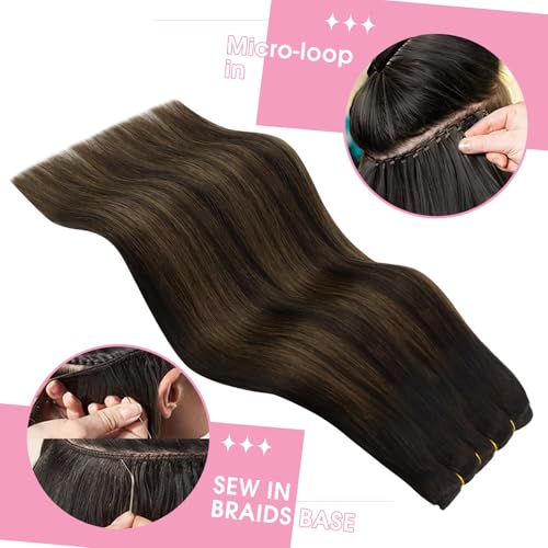 YoungSee 18 Inch Weft Hair Extensions Balayage Human Hair Weft Extensions Dark Brown Mix Medium Brown Highlights Sew in Hair Extension Real Human Hair for Women 100G