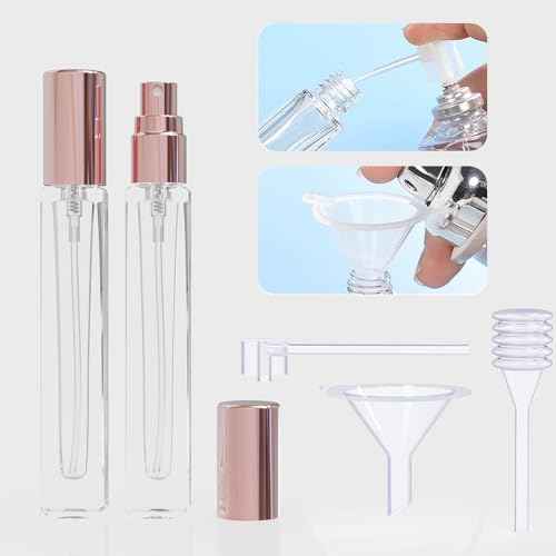 5PCS Cologne Atomizer Empty, 10ML Mini Perfume Bottles Refillable With Dispenser Tools, Pocket Spray Bottle for Travel and Sample Container (Transparent+Pink Cap)