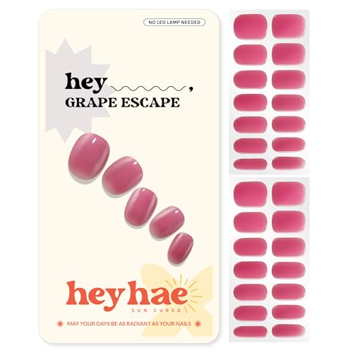 Heyhae Semi Cured Gel Nail Strips | No LED Lamp Needed | Summer, Solid, Red | Easy Apply & Remove, Salon Quality | Includes 28 Strips, 1 Prep Pads, Nail File & Wooden stick - Hey, Grape Escape
