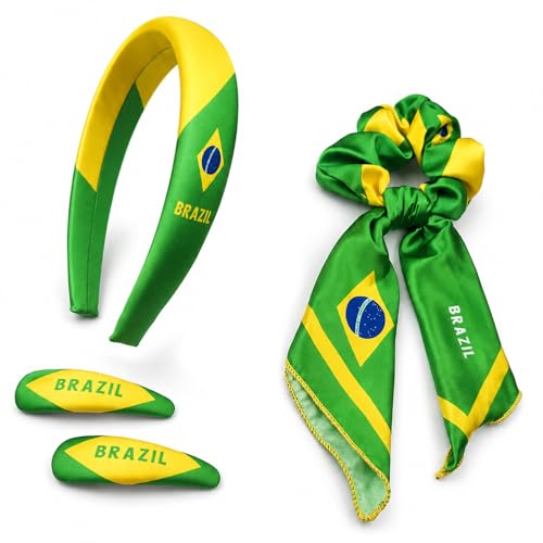 Brazil Flag Hair Accessories Set - 4-Piece Headbands & Clips