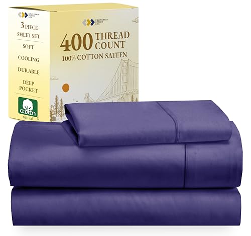 California Design Den Softest 100% Cotton Sheets, Twin Sheets Set, 3 Pc, 400 Thread Count Sateen, Bedding for Dorm Rooms & Adults, Deep Pocket Sheets, Cooling Twin Bed Sheets (Dark Purple)