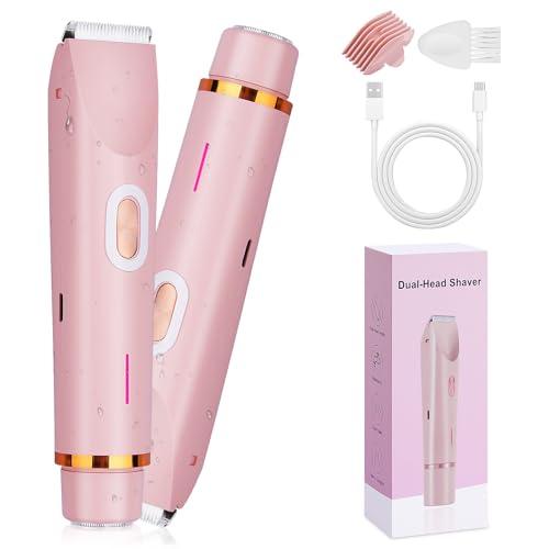 Ladies Electric Razor, 2 in 1 Dual Head Shaver Women, Bikini Trimmer for Women Personal Body Face Leg Arm Hair USB Charge Waterproof Wet and Dry (Pink)