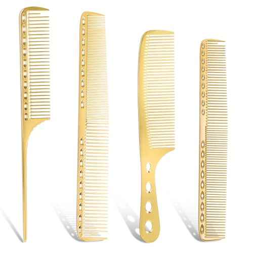Professional Barber Aluminum Comb Set Metal Combs for Cutting Comb Hair Hairdressing Tail Comb (Golden)