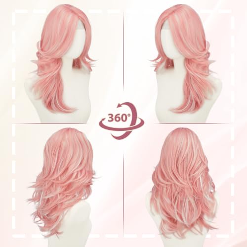 Haloo 20 Inch Pink Layered Wig with Curtain Bangs - Lace Front