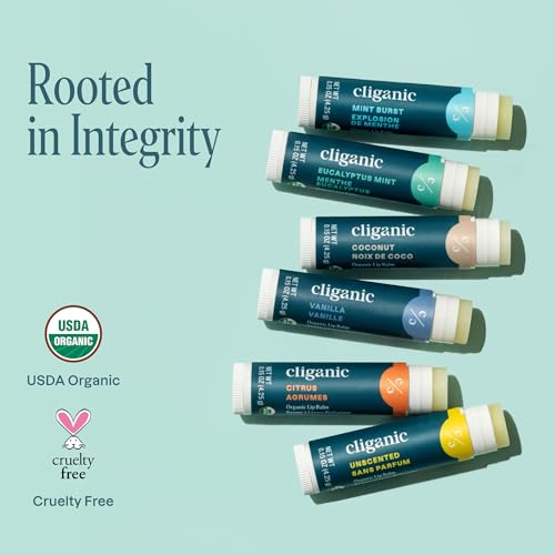 Cliganic Organic Lip Balm Set (2 Packs of 6 Tubes), 100% Natural Moisturizer for Cracked & Dry Lips (Packaging May Vary)