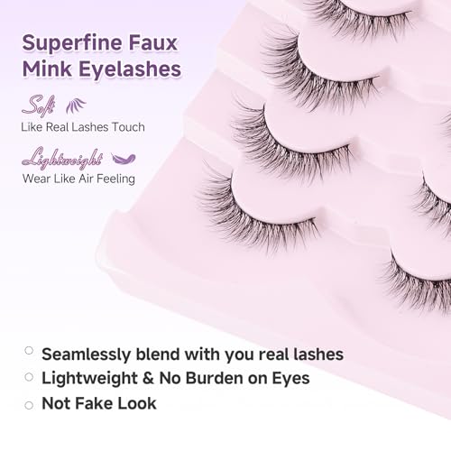 Natural Cat Eye Lashes False Eyelashes Natural 12mm Wispy Eyelashes with Thin Band 3D Volume False Lashes Soft Eye Lashes Pack C Curl Natural Eyelashes Fake Lashes 7 Pair EVENTILL