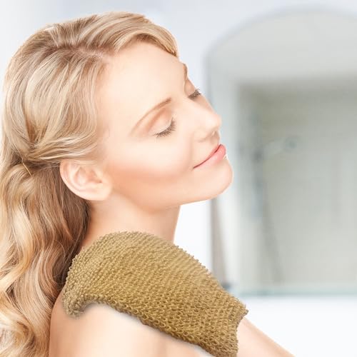 (4 Pack) Natural Exfoliating Hemp Bath Mitt Shower Gloves Loofah Washcloth Sponge Machine Washable Body Scrubber (ROUGHER Hemp)