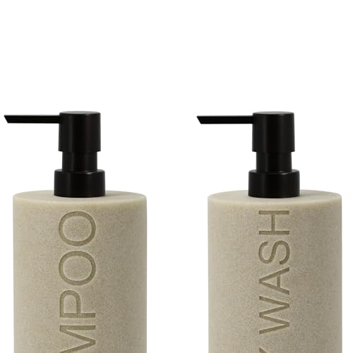 Resin 2 Pack Shampoo, Conditioner or Body Wash Dispenser Set, Luxurious Refillable Pump Bottles with Matte Pump Top and Embossed Text, Durable Design for Bathroom and Shower