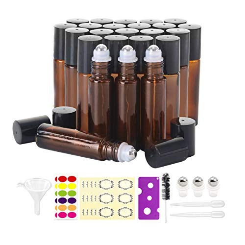 Mavogel 24 Pack 10ml Amber Glass Roller Bottles Essential Oils