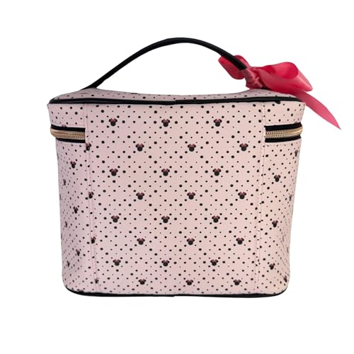 Impressions Vanity Minnie Mouse Makeup Case Organizer with Durable Faux Leather Design, Polka Dot Bow, and Adjustable Dividers, Perfect for Travel Cosmetic Bags for Women (Pink)