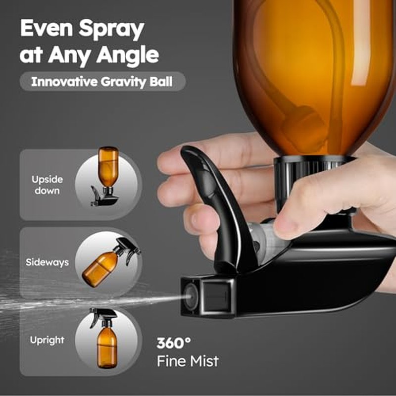 Amber Glass Spray Bottles 8oz, 2 Pack with 360° Adjustable Nozzle