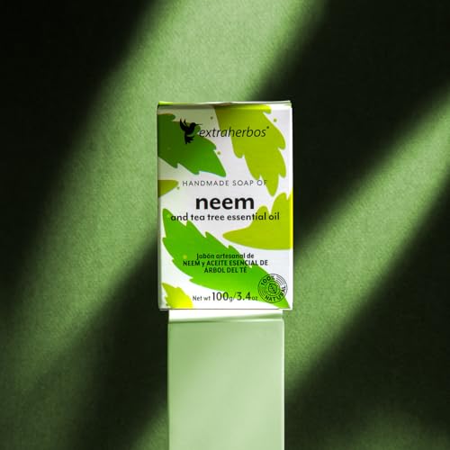 Extraherbos Handmade Neem Soap Bar - Natural Anti-Acne Face & Body with Tea Tree Oil - Organic Exfoliating Soap Bar for Oily Skin, Blemishes & Odor Control - 100g/3.4oz