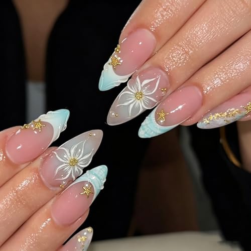 Medium Almond Press On Nails - Ocean Blue Starfish 24Pcs