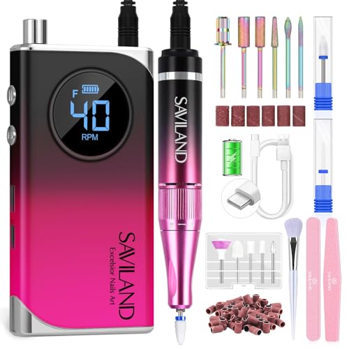 SAVILAND Professional Electric Nail Drill Machine: 40000RPM Rechargeable Nail Drill File with 4000mAh Battery, Ceramic Bit and Sanding Bands for Manicure, Pedicure, Shaping & Acrylic Removal Salon Use