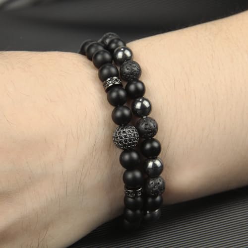 Black Obsidian Bracelet - Cubic Zirconia Bracelet - Tourmaline Beaded Bracelets, 8MM Black Onyx Hematite Lava Stone Beads Triple Protection Bracelet for Men Women Gifts