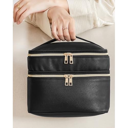 HBlife Double Layer Travel Makeup Bag Portable Cute Leather Cosmetic Bag Large Make Up Bag Makeup Case Organizer Toiletry Bag for Women Girls with Handle and Removable Divider(Black)