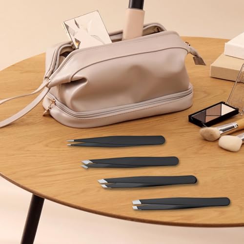 Black 4-Piece Stainless Steel Tweezers Set - Precise Eyebrow and Craft Tweezers