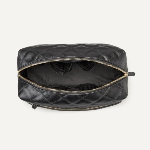 Amazon Essentials Quilted Travel Makeup Bag with Mesh Compartments, Black Faux Leather