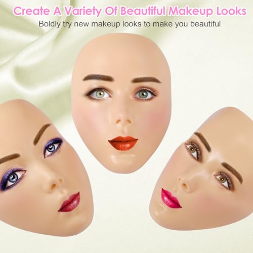 3D Makeup Practice Kit, Reusable Silicone Practice Face Board/Makeup Mannequin Face,with Brushes&Eyebrow Pencils&Eyelashes&Bag&Eyeshadow&Lipstick