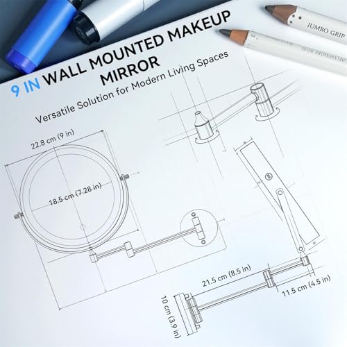 9'' 30X/1X Wall Mounted Lighted Makeup Mirror, 5000mAh Rechargeable Double-Sided Magnifying Mirror with Light, Vanity Mirror Touch Dimmable 3 Colors 360¡Æ Rotation Extended Foldable Arm, Power Adapter