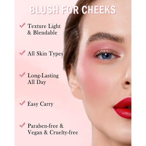 Blush Powder for Cheeks,Gradual Shimmer Pink Blusher Palette with Brush,Lightweight Buildable Color Blush Hightlighter Powder,Longlasting Waterproof Facial Makeup,Women's Day Gift for Women Girl-05#