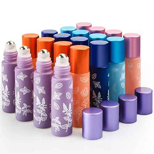 Cositina 20 Pack Essential Oil Roller Bottles, 10ml Glass Roll on With Stainless Steel Balls, Metal Aluminum Lid, Empty Sample Vial - Opener, Dropper Included