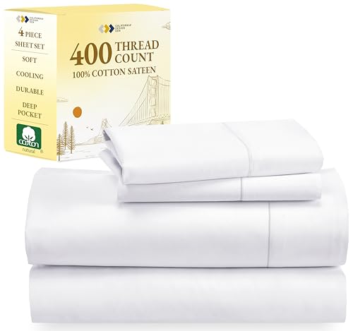 California Design Den King Size Sheets Set, Good Housekeeping Award Winner, 400 Thread Count 100% Cotton Sateen Deep Pocket King Sheet Set, King Sheets, Softer Than Egyptian Cotton Sheets (White)