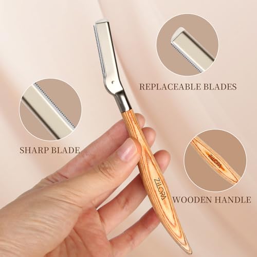 Wooden Eyebrow Razor - 8 Replacement Blades & Leather Pouch - Precision Eyebrow Trimmer & Dermaplaning Tool for Face Peach Fuzz, Lip Hair - Safety Mesh Guard