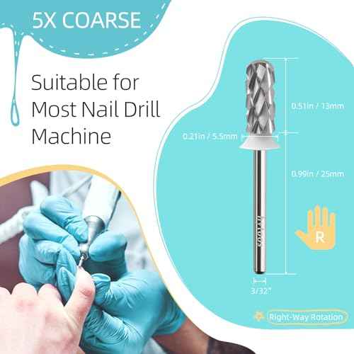 5XC Safety Nail Drill Bits, Small Rounded Barrel, 3/32 Shank Carbide Nails Bit for Righties, Electric Drills Accessories, Fast Remove Manicure Art Thick Gel (5XC, Small Barrel)