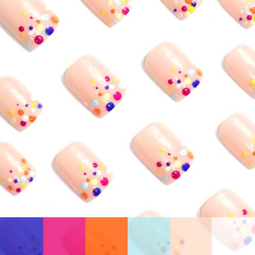 Colorful Polka Dot Press On Nails Short Square – GCSQW 24Pcs Reusable French Dots Design