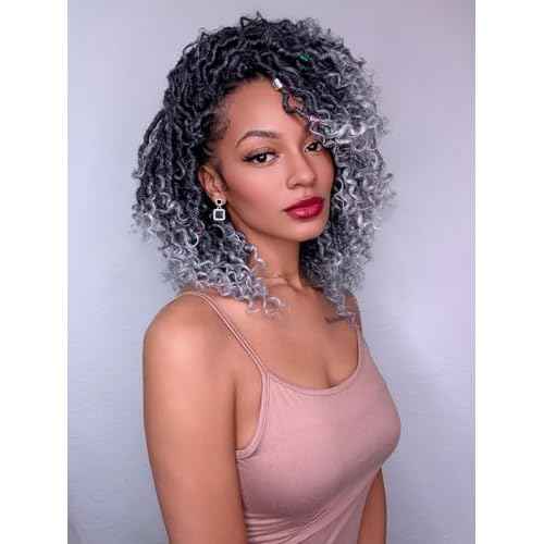 Ombre Grey Goddess Faux Locs Crochet Hair for Women 8 Inch Pre Looped Soft River Locs Braids with Curly Ends 6 Packs Boho Hippie Synthetic Hair Extensions, 1b/grey