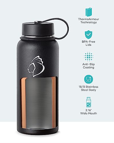 BUZIO Stainless Steel Water Bottle (Cold for 48 Hrs, Hot for 24 Hrs), 32 oz Vacuum Insulated Water Bottle with Straw Lid and Flex Cap (Double Wall, Wide Mouth, BPA Free, Leak Proof), Black