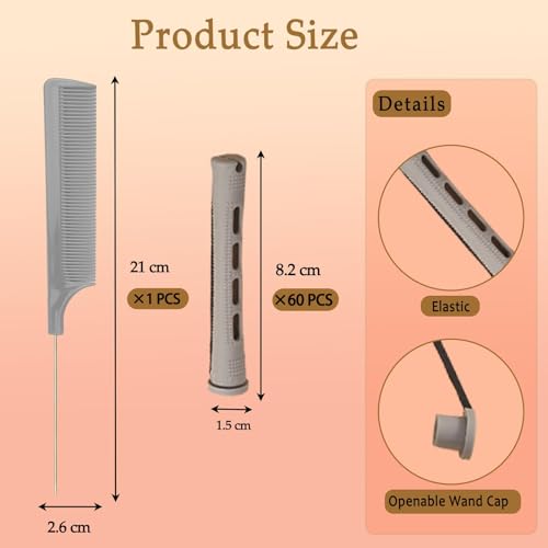 SHEHARUHI Gray 1.5cm Hair Perm Rods 60pcs Curlers with Steel Pintail for Styling