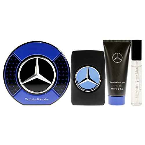 Mercedes Benz Man Gift Set Perfumes for Men - Contains 0.5 oz and 3.4 oz of EDP Spray and 3.4 oz of Shower Gel - Aromatic Woody Fruity Scents - Opens with Notes of Ambrette Seeds and Pear - 3 pc