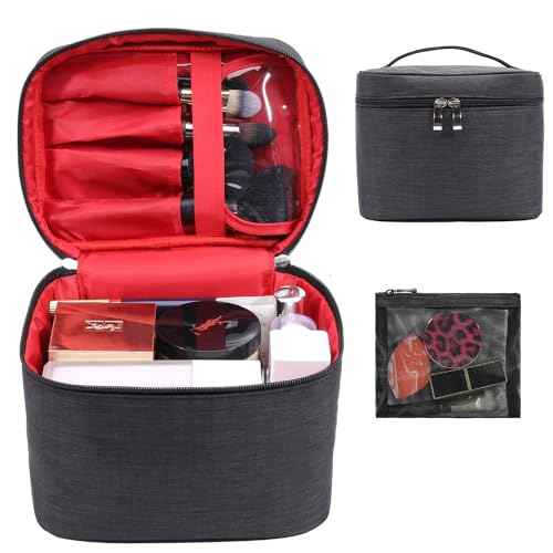 Makeup Bag Travel Makeup Cosmetic Bag Case Organizer Makeup Pouch with Mesh Bag Makeup Brush Holder Bag Toiletry Bags for Women - Black