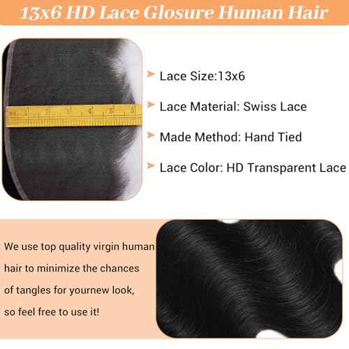 HD Lace Frontal 13x6 Transparent Ear to Ear 16 Inch Body Wave Frontal Human Hair 100% Unprocessed Virgin Lace Closure Human Hair Pre Plucked with Baby Hair 150% Density