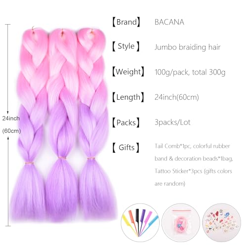 BACANA Pink Ombre Braiding Hair 24 Inch 3 Pack Jumbo