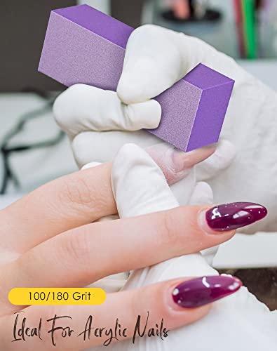 Maryton Nail Buffer Block - Purple 5 Count Medium/Fine Grit 100/180 for Acrylic & Gel Nails - 3 Way Manicure Pedicure Buffers