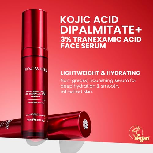 Koji White 2% Kojic Acid Serum + 3% Tranexamic Acid, 5% Niacinamide | Hydrating Facial Soothing Moisturizer for Uneven Skin - Vegan Skin Care, Fragrance Free, Unscented for Sensitive Skin - 1.01 Fl Oz