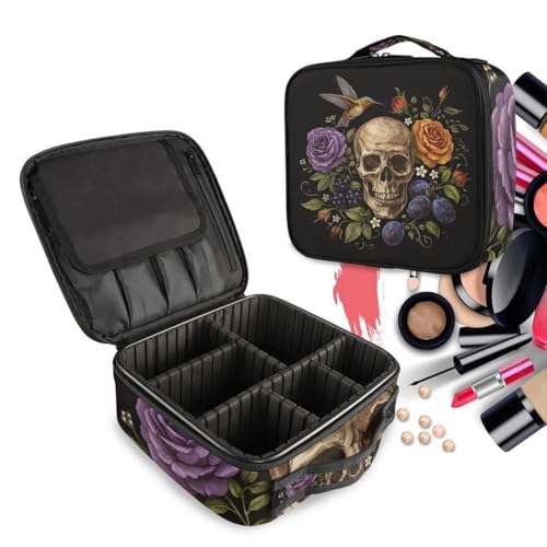 ALAZA Travel Makeup Case, Day of The Dead Skull Rose Humming Bird Dia Muertos Cosmetic toiletry Travel bag for Women Girls