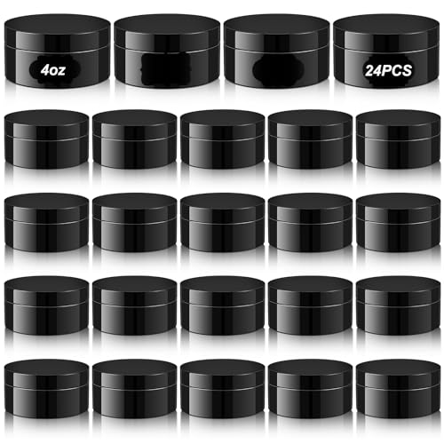 Dandat 24 Pcs 4 oz Plastic Jar Container with Lid and Label Refillable Empty Round Black PET Cosmetic Sample Slime Containers for Lotion, Cream, Ointments, Body Butter, Makeup, Travel Storage