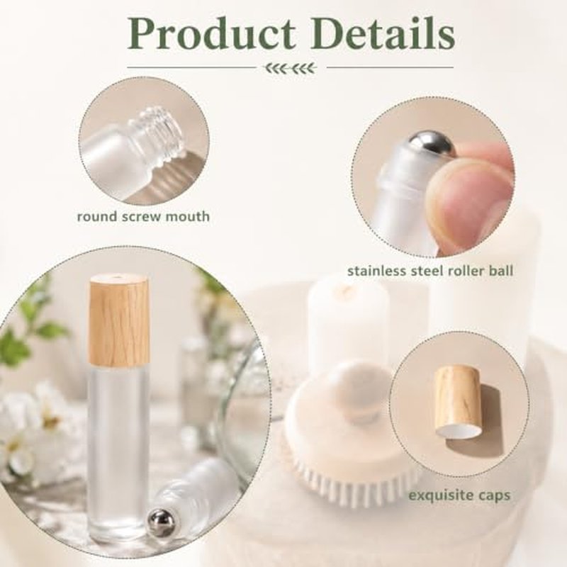 16 Pack 10ml Frosted Glass Roller Bottles with Wooden Caps