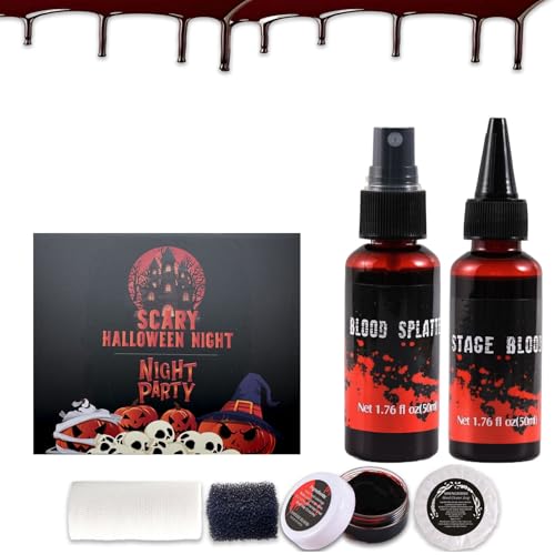 6PCS Halloween Fake Blood Makeup Kit£¬Washable for Scar Wound and Clothes Realistic Face Paint Wounds Costume Blood For Vampire, Zombie, Clown Cosplay Red£¬Stipple Sponge £¬ Cleansing Soap and Gauze