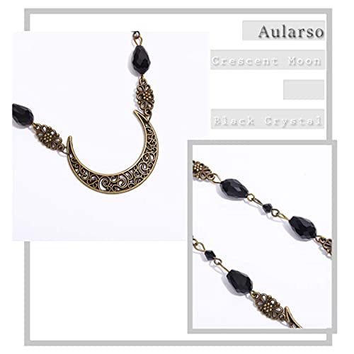 Aularso Vintage Head Chain Crescent Moon Headbands Chain Crystal Headpieces Beaded Forehead Chain for Women (Black)