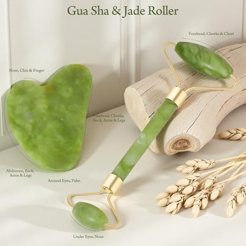 Jade Roller & Gua Sha Set - Facial Massage Tools for Face Sculpting