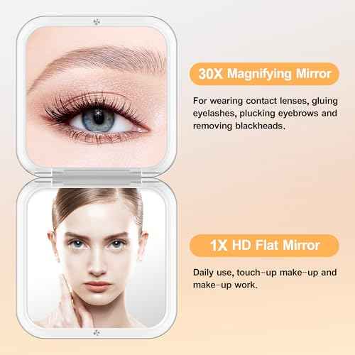 MIYADIVA Compact Mirror, 30X Magnifying Mirror, Pocket Mirror for Purse, Travel Makeup Mirror with 30X/1X Magnification, Travel Essentials Mirrors, Precision Tweezers, Present for Girls